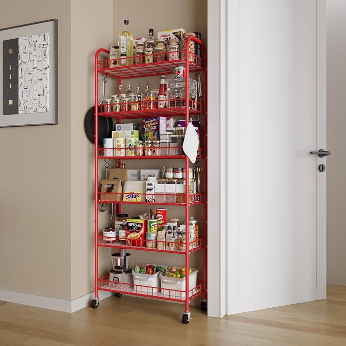 Slim Rolling Storage Cart, 6 Tier Metal Kitchen Rolling Utility Cart with Lockable Wheels for Kitchen, Bathroom, Laundry Room, Small Narrow Spaces (Red 10 Inches)