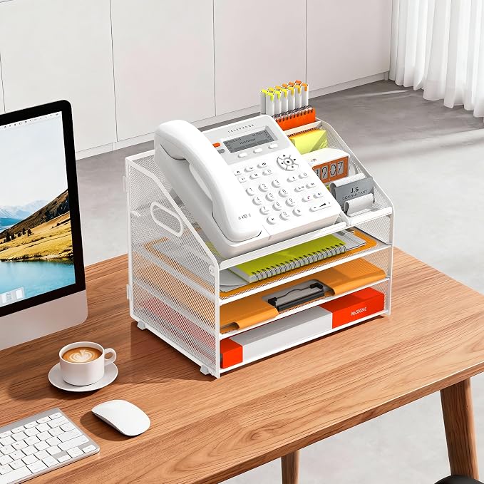 DocNest 4 Tier Metal Mesh Desk File Organizer with Phone Shelf, White | Desktop letter tray sorter features a 9.1x9.1 inch top phone holder, built-in sticky note compartment and pen holder
