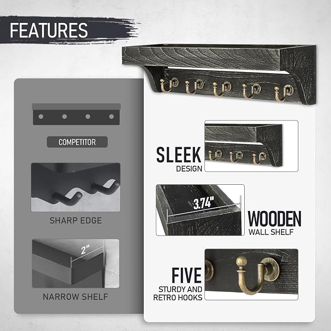 Rebee Vision Key Holder Wall Mount with 5 Hooks for Home Decor, Old Black | Pine Wood, Key Holder for Wall, Plant Display, Small Decor Storage, Stylish Apartment Organizer, Practical Daily Accent