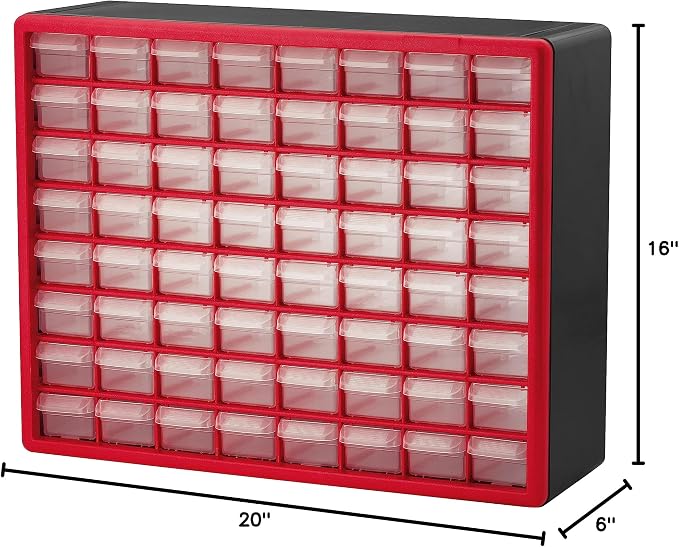 Akro-Mils 64-Drawer Plastic Drawer Storage Cabinet for Garage Organization, Bead Organizer, Building Bricks Storage, Teacher Toolbox, Makeup Organizer, 20-Inch W x 6-Inch D x 16-Inch H, 10164 Red