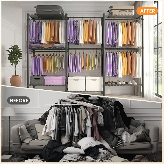 Heavy Duty Clothes Rack, Portable Closets with 6 Rods & 6 Shelves | Extra Large Clothing Rack for Hanging Clothes, Adjustable Metal Garment Rack 76.4"W x 15.7"D x 68.5"H, Hold 792 lbs, Black