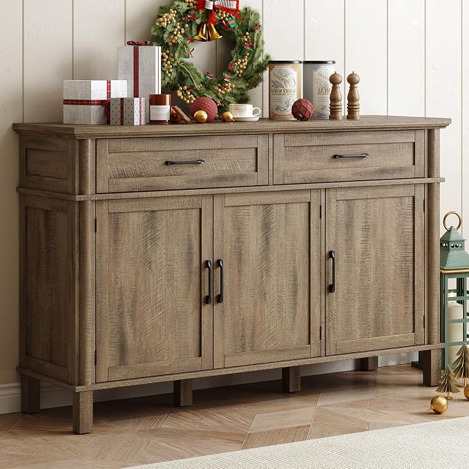 55 Inch Buffet Cabinet with Storage, Farmhouse Sideboard Buffet w/2 Drawers and 3 Doors, Coffee Bar Cabinet with Adjustable Shelves, Sideboard Storage for Kitchen, Living Room, Washed Grey