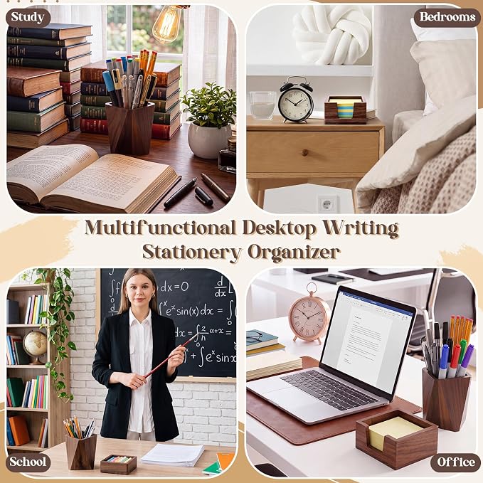 Novabright 3 Pcs Walnut Wooden Desk Organizer Set Office Desk Accessories | Desktop Writing Stationery Organizer, Wood Sticky Note Holder, Pencil Holder and Paperclip Storage for Craft Home Office
