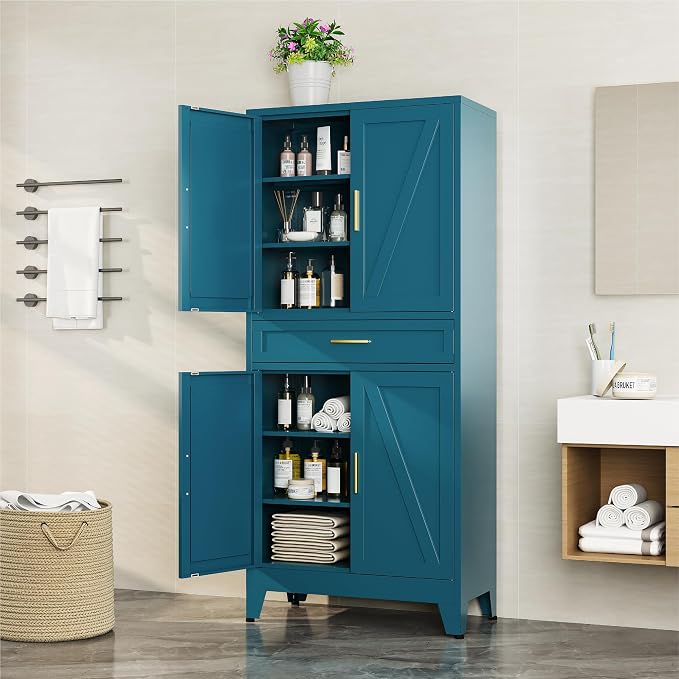 Bevivog 71" Kitchen Pantry Cabinet, Metal Storage Cabinet with Drawer, 2 Doors and 4 Adjustable Shelves Cabinet for Home Office Laundry Living Room Farmhouse Blue Metal Pantry