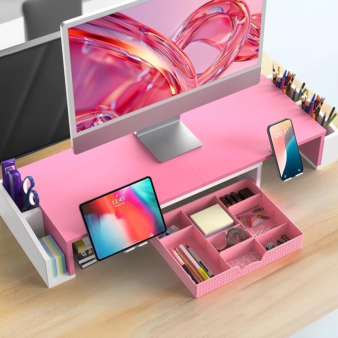 Simple Houseware Desk Dual Monitor Stand Riser with Drawer, Pink | Customizable Organizer Tray, Built-In Phone & Tablet Slot and Side Storage