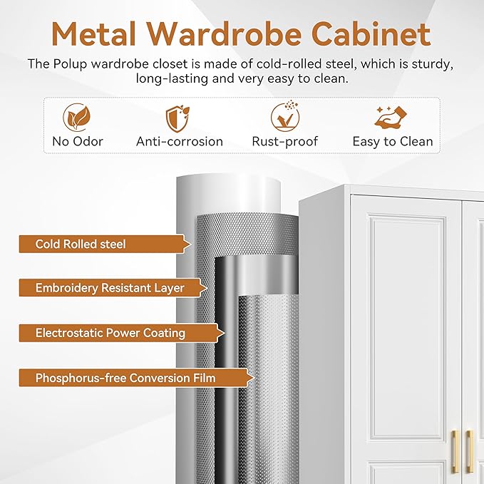 Polup 71" White Metal Wardrobe Closet with Doors and 1 Drawer | Tall Steel Armoire, Hanging Rod, Adjustable Shelves, Sturdy Freestanding Clothes Organizer for Bedroom, Laundry & Office