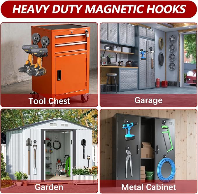 3-H Heavy Duty Magnetic Hooks, Large Magnet Hooks,4 Pack Black | No-Drill Tool Holder for Garage,Power Drill,Garden Tools,Hose Storage