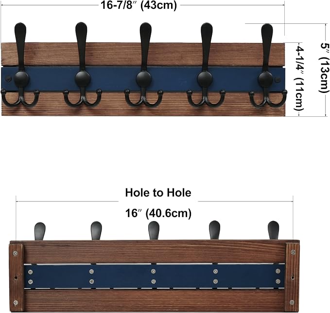SKOLOO Rustic Wall Mounted Coat Rack - 16-7/8" Long Coat Hooks for Wall with 5 Triple Hooks for Hanging Coats, Hats or Tools, Western National Parks Collection, Wood Brown & Blue, Pack of 2