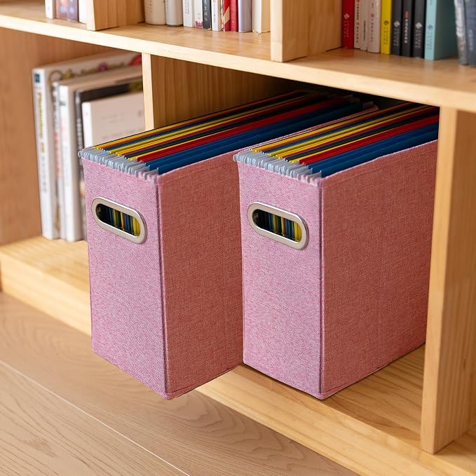 4 Packs Letter Size File Organizer, File Folders Organizer, Fabric Storage Box, Collapsible Paper Organizer with Metal Handle, Smooth PVC Rails, Only Box (Pink)