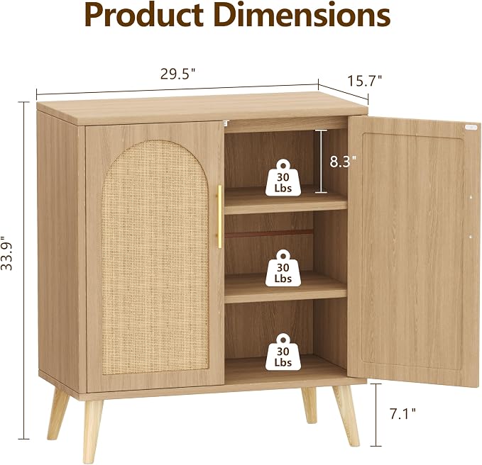 Keehusux 15.7" D Rattan Storage Cabinet with 2 Doors & Adjustable Shelf | Accent Buffet Sideboard Cabinet with Solid Wood Legs, Coffee Bar for Kitchen, Living Room, Entryway, Natural Oak