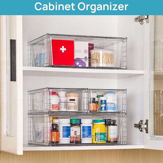 Vtopmart Clear Stackable Storage Drawers, 3 Pack Wide Organizer Set | Wide and Small Pull-Out PET Drawers with Stackable Design for Bathroom Organization, Cabinets, Closets, Pantry and Medicine