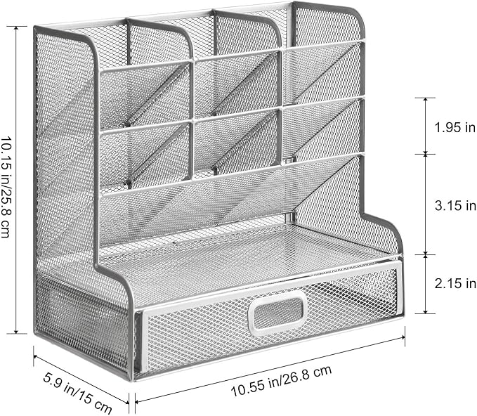 Marbrasse Larger Mesh Desk Organizer with Drawer, Multi-Functional Pen Pencil Holder, Desk Organizers and Accessories for Office Art Supplies (Silver Mesh Pen Holder with Drawer)