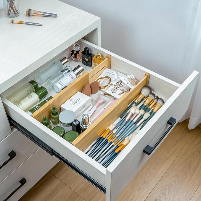 Utoplike Bamboo Dresser Drawer Dividers, Expandable Organizer for Clothing | Adjustable 3.2" High Drawers Separators for Kitchen, Bathroom, Bedroom, Office Storage, 4Pcs, Fit 13.5"-16" Inner Drawer