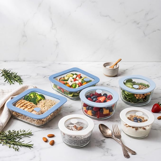 Glass Food Container Set with Silicone Glass Lid, Square & Round Shape, 6 Pack, Airtight, LeakProof, 100% Plastic Free, Meal Prep Food Storage Containers, Blue & White Color