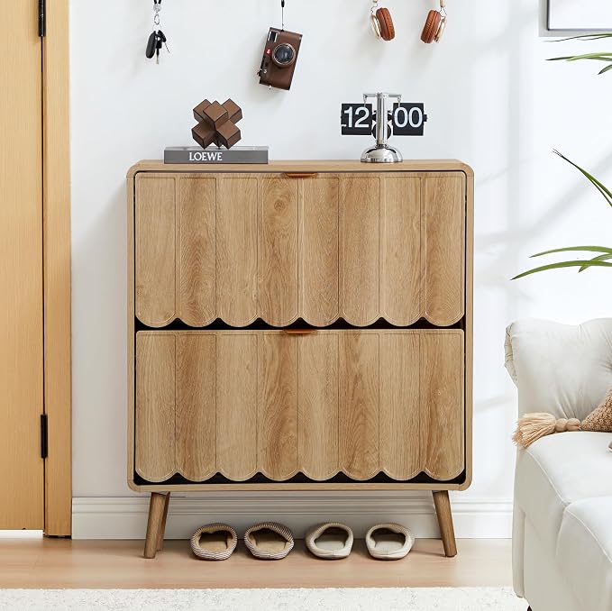 Shoe Storage Cabinet for Entryway with 2 Flip Drawers Set of 2, Freestanding Narrow Wood Shoe Cabinet with Wave Panel, Hidden Shoe Organizer for Foyer, Hallway (Natural)