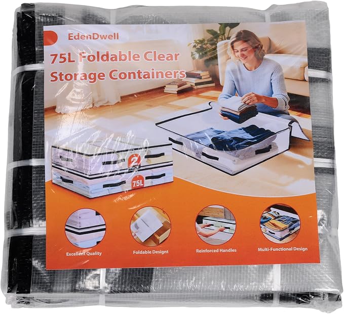 2 Pack Under Bed Storage Bags, 75L Foldable Clear Containers with Handles | Dual Zipper Storage Bins for Comforters, Bedding, Blankets, Closet Organizer for Clothes, Linen Sheets, Sweaters