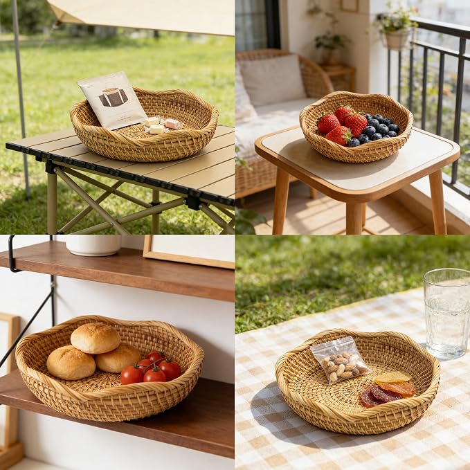 8.7" Round Rattan Basket Small Wavy Edge Handwoven Wicker Tray | Round Wicker Bowl for Fruit Bread Keys, Natural Handwoven Basket for Kitchen Entryway Table, Rustic Boho Decor Gift Accent
