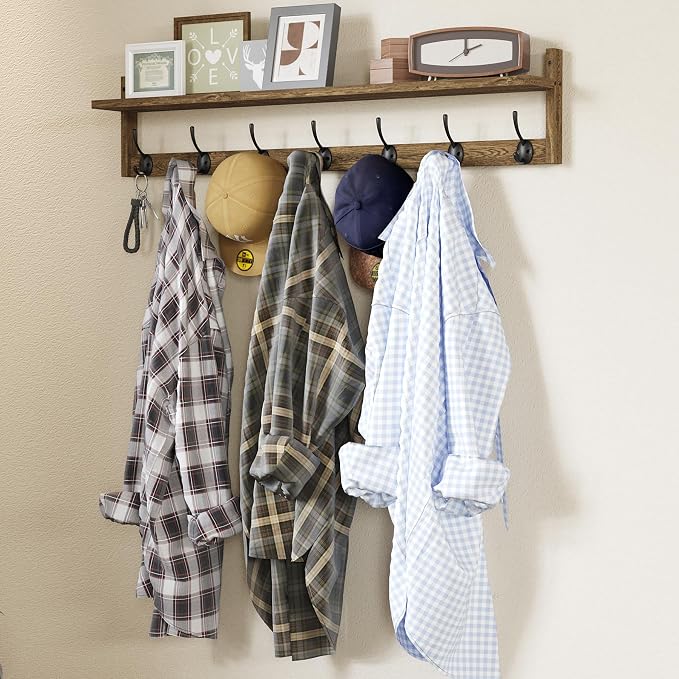 BAMEOS 35" L Wooden Coat Rack Wall Mount, Large Wall Coat Hooks with Shelf, Wall Hanging Shelf with 7 Dual Metal Hooks for Entryway, Bathroom, Kitchen, Living Room, Bedroom