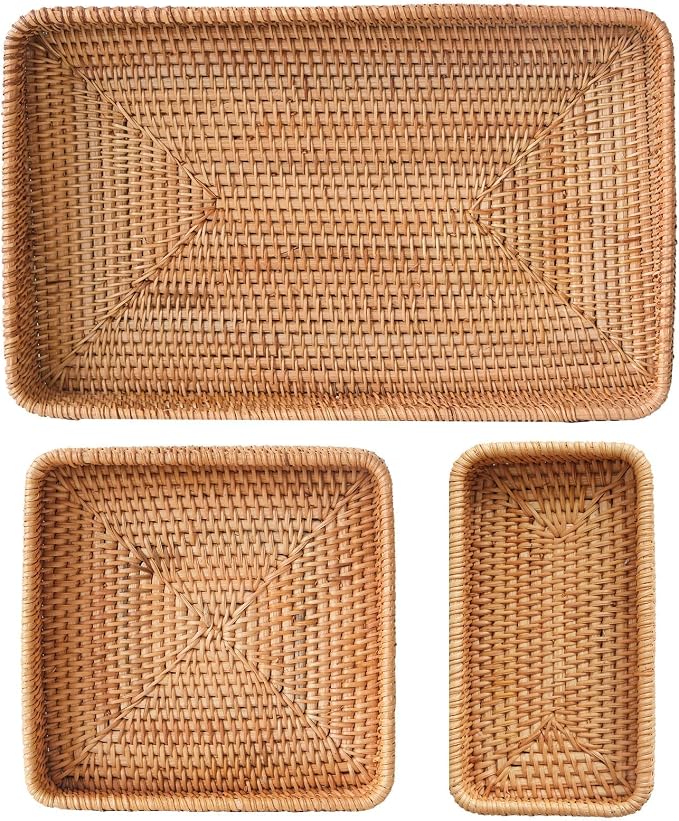 Rattan Serving Tray,Rectangle Wicker Storage Basket Set of 3 for Organizing | Natural Rattan, Decorative Serving Woven Trays Wicker Baskets for Storage, Home Decor, Bathroom, Kitchen Counter
