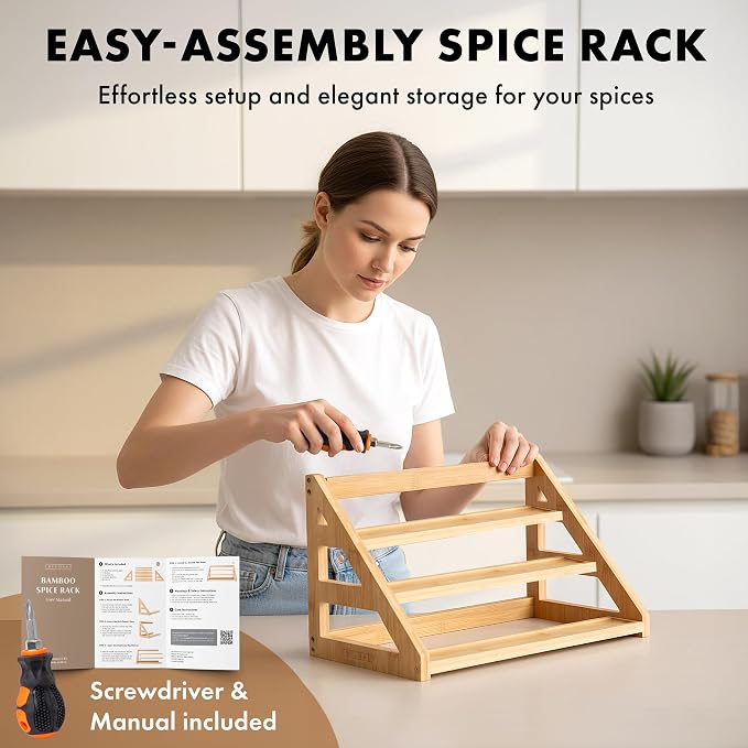 EDELHAUS 3 Tier Bamboo Spice Rack Organizer for Cabinet – Fits 24 Spice Jars, 17.5” Wide Countertop & Cabinet Organizer for Kitchen Organization, Seasoning Organizer Shelf (Jars Not Included)
