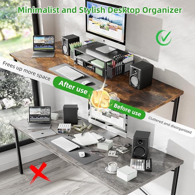 Simple Trending 2-Tier Metal Monitor Stand with Drawer & Pen Holder, Black | 20"W x 10"D x 5.8"H. Metal mesh cooling prevents overheating. 2-tier + drawer + pen holders. Non-slip. Fits laptop & monitor.