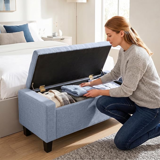 HOMCOM 36.6" Tufted Fabric Rectangular Storage Ottoman Bench Dark Gray | With Armrests, Wooden Legs, Holds up to 528 lbs, for Entryway Living Room Bedroom
