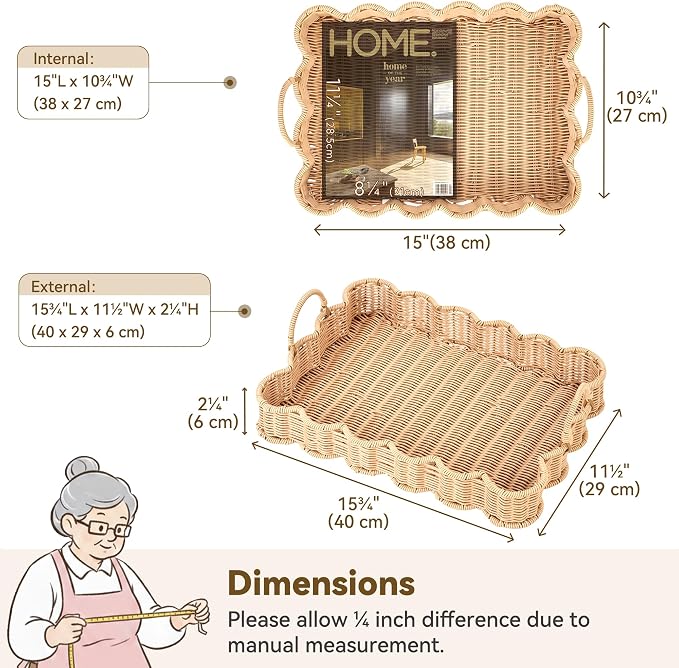GRANNY SAYS Scalloped Edge Rectangle Wicker Serving Tray, Coffee Table Tray, Serving Trays with Handles, Decorative Tray for Entryway, Coffee Table, Woven Tray for Serving, 15 ¾"×11 ½"×2 ¼"