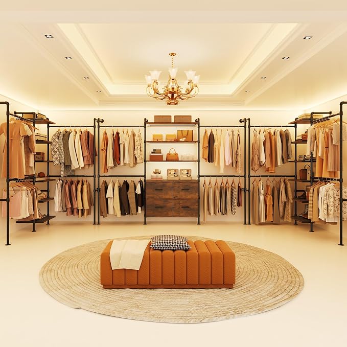 T3 Closet System with Stepless Dimmable LED Light, Industrial Pipe Clothing Rack with 4 Drawers, 6 Wooden Shelves & 4 Telescopic Rods, Heavy Duty Closet Organizers in Wardrobe Closet (Rustic Brown)