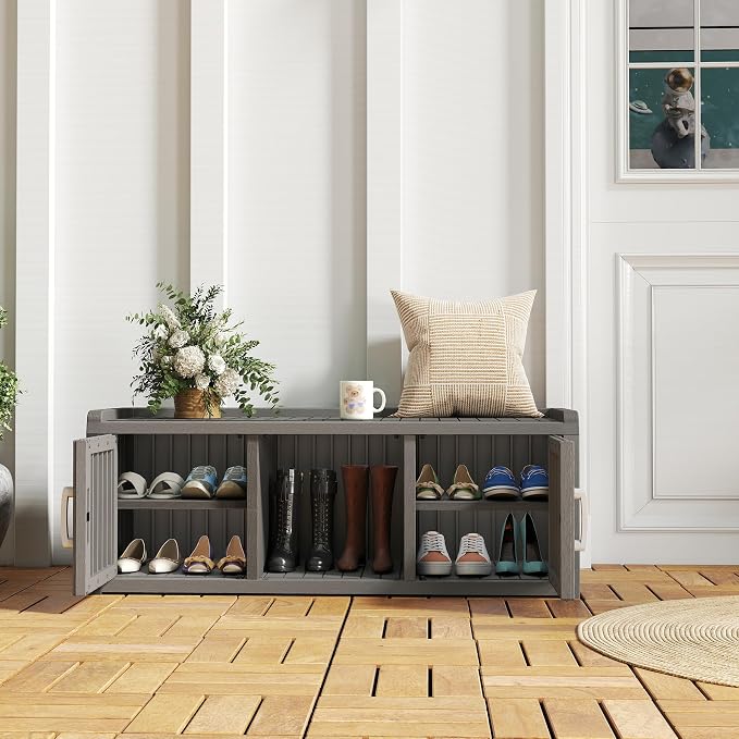 NUNU LAB Shoe Storage Cabinet, Waterproof Shoe Organizer with Adjustable Shelves, UV-Resistant Entryway Shoe Cabinet Bench with 2 Barn Doors for Indoor Outdoor, Foyer, Hallway, Living Room,Grey