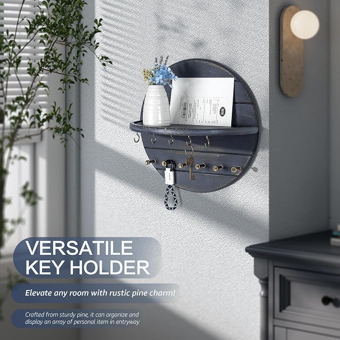 Rebee Vision Key Holder Wall Mount for Living Room Wall Decor, Royal Blue | Pine Wood, Decorative Key Holder, Sungalsses & Wallet Holder, Entryway Shelf, Mail Storage, Kitchen Wall Decor Essential