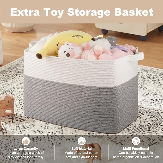 OIASKET 108L Cotton Rope Storage Basket for Living Room and Bedroom 25"x16"x16" Woven Laundry Basket, Heavy Duty Bin for Blankets, Pillows & Toys, Pet-Safe & Scratch-Free, Grey and White