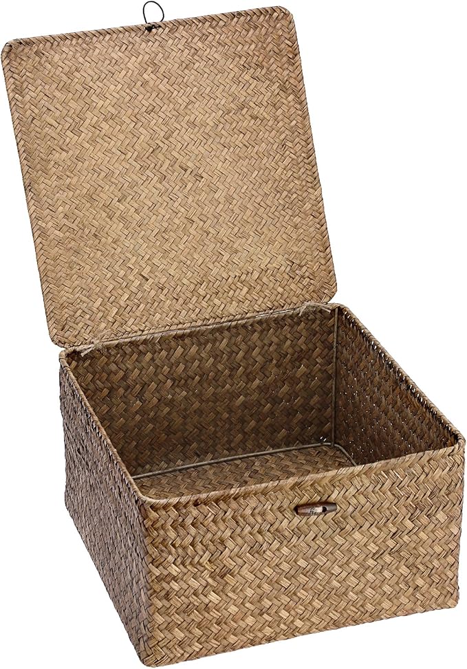 Hipiwe Handwoven Basket Container Seagrass Storage Box Wicker Bin for Fruits Snacks Clothes Books Towels Home Organizer with Lid, Coffee, XX-Large