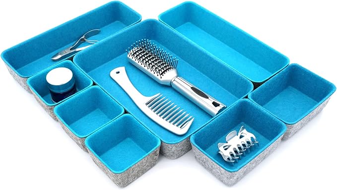 Welaxy Minimalist Felt Desk Drawer Organizer 8pc Turquoise Storage Bins | Sustainable material soft yet sturdy,multi-purpose storage, sleek minimalist lifestyle