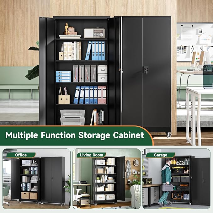 Letaya Metal Garage Storage Cabinets with Wheels,Steel Tool Cabinets Lock Door and Adjustable Shelves for Home,Office,Warehouse Organisieren (Black, 75" H)