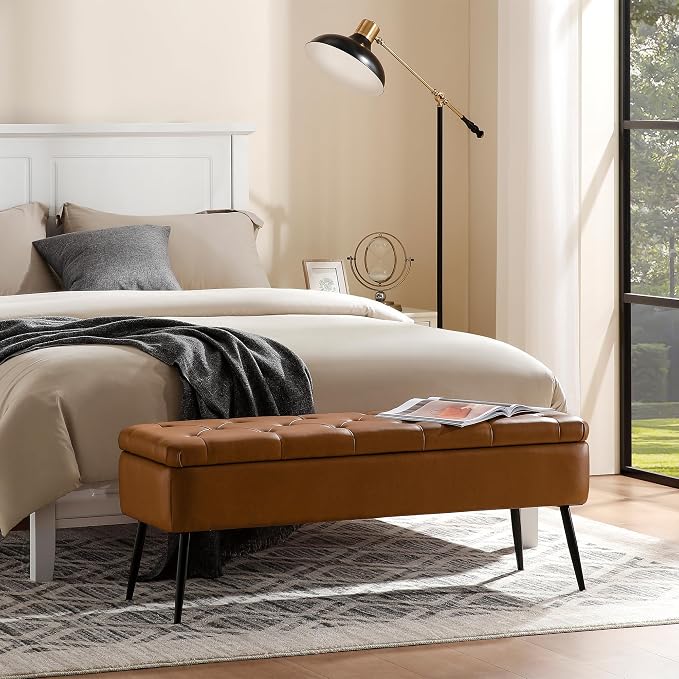 kinmars Leather Storage Ottoman Bench, End of Bed Bench with Steel Legs | Brown Leather Button Tufted Design | 660 lb Capacity | Safety Hinges | Mid-Century Modern Style | Bedroom & Entryway