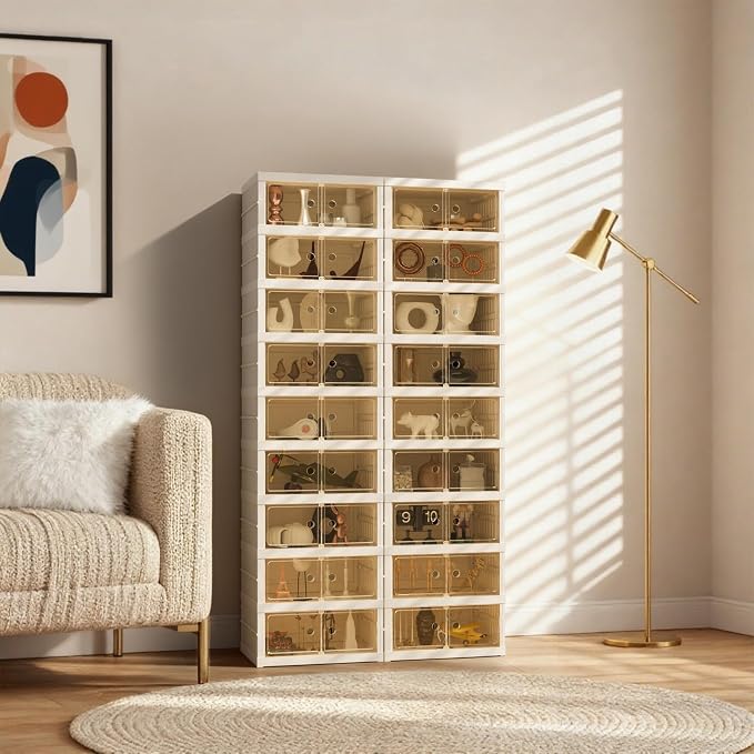 Foldable Shoe Organizer Storage Box Set of 4, Portable Extra Large Folding Shoe Rack for Closet, Shoe Storage Box with Magnetic Transparent Door and Wheels, 9 Layers 18 Grids