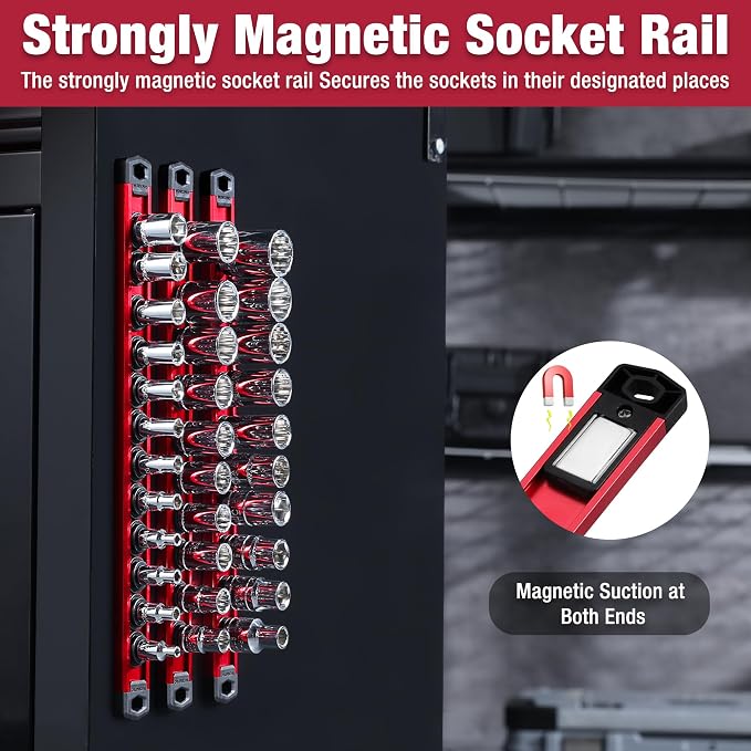 WORKPRO Magnetic Socket Organizer, Heavy Duty 3/8-Inch Drive Socket Rail | 1 Piece Socket Holder with 10 Spots, Aluminum Alloy, Rotatable & Movable Clips, Efficient Organization