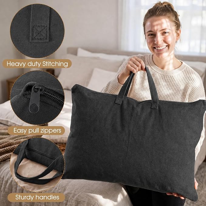 2 Pack Travel Pillow and Blanket Bags, 100% Cotton Canvas Pillow Storage Bag with Handles, Heavy Duty Breathable Organizer for Bedding Linens, Pillow Bag for Traveling(2,Black,20"x26")