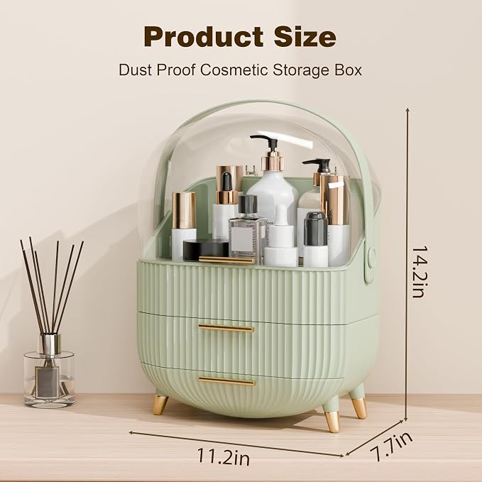 lurcns Makeup Organizers and Storage, Make up Organizer for Vanity Cosmetics Skincare Organizers With Lid and Drawers Display Cases for Countertop(Sage Green)
