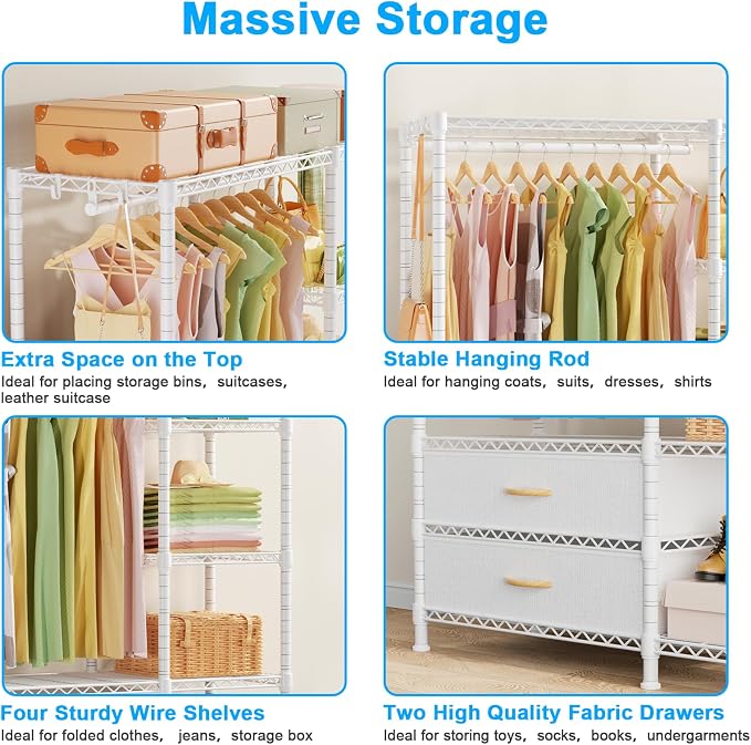 Ulif F3 Heavy Duty Clothes Rack(With Fabric Drawers)Freestanding Clothing Racks for Hanging Clothes,Adjustable Closet Organizer System,Portable Garment Rack 40" W x 15" D x 72" H,Max Load 700LBS,White