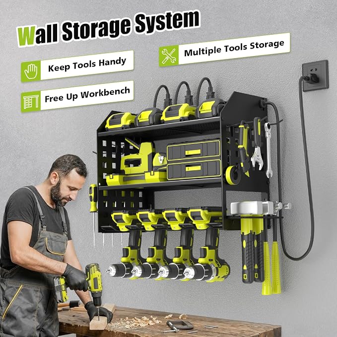 SUNALLY Power Tool Organizer Wall Mount with Charging Station,3 Layer,Black | Metal Tool Storage Rack with 4 Drill Holders, Heavy Duty Power Tool Shelf for Garage,Warehouse,Workshop, Gift for Men,Husband