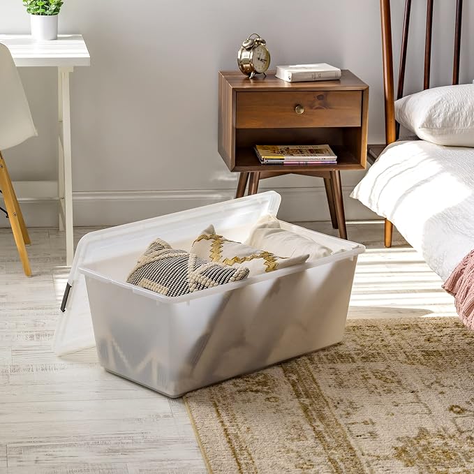 IRIS USA 4-Pack 91 Qt Stackable Storage Bins with Lids, Pearl | Discreet opaque design keeps belongings out of sight while organizing closets, bedrooms and seasonal storage, Stackable