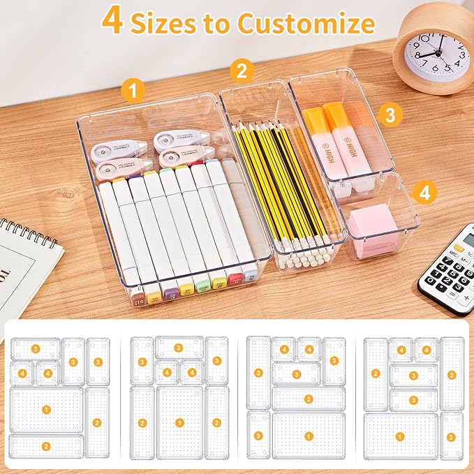SMARTAKE 28 Piece Drawer Organizers with Non-Slip Silicone Pads, 4-Size | Clear Desk Bathroom Drawer Organizer Trays Storage Tray for Makeup, Jewelry, Utensils in Bedroom Dresser, Office and Kitchen