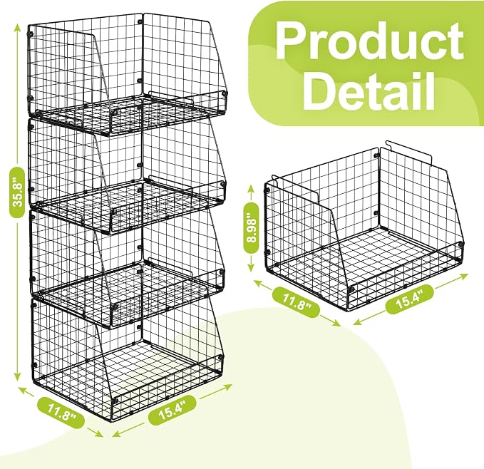 Jakyitvi 4 Pack XXL Stackable Wire Storage Basket, Extra Large Capacity Pantry Organizer and Storage, Muti-Purpose for Vegetable Fruit Basket & Can Organizer & Snack Rack & Metal Pantry Bin