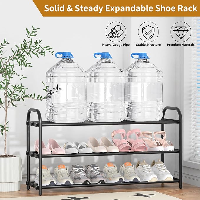 Hleelomi 4-Tier Metal Expandable Shoe Rack for Closet and Entryway, Black | Adjustable Shoe Organizer for Closet,Living Room,Dorm,Garage,Fits Small Spaces, Apartments and Rentals