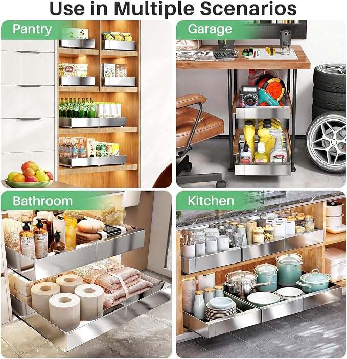Pull out Cabinet Organizer, Stainless Steel Expandable(12"-20") Heavy Duty Slide out Drawers Fixed with Adhesive Nano Film for Pots, Roll out Shelf Storage for Kitchen Base(Silver-2pcs)(3 Rails)