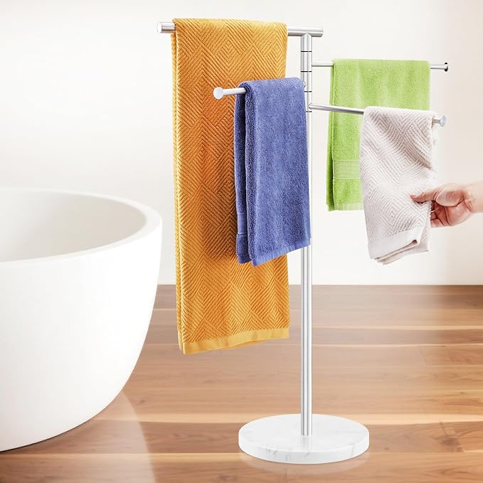 Standing Towel Rack, Stainless Steel Towel Racks for Bathroom with Weighted Marble Base, 4 Swivel Towel Arms Freestanding Outdoor Towel Holder Stand for Pool, Brushed Nickel