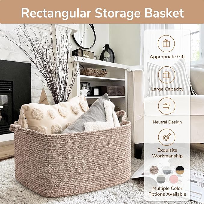 Goodpick Large Woven Storage Basket, Rectangle Organizer, Brown | 21.6 x 14.9 x 11.8 in, Cotton Rope, Living Room, Bedroom & Nursery Organization, Blankets, Toys & Clothes Storage