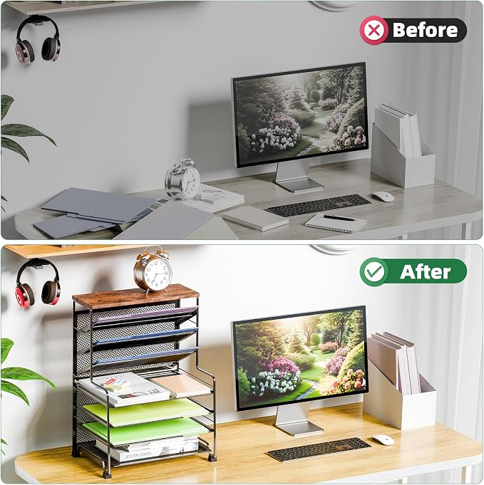 Simple Trending 7 Tier Desk File Organizer, 2 Pack Letter Tray Paper Organizer, Mesh Desk Accessories File Folder for Office, Home or School, Black