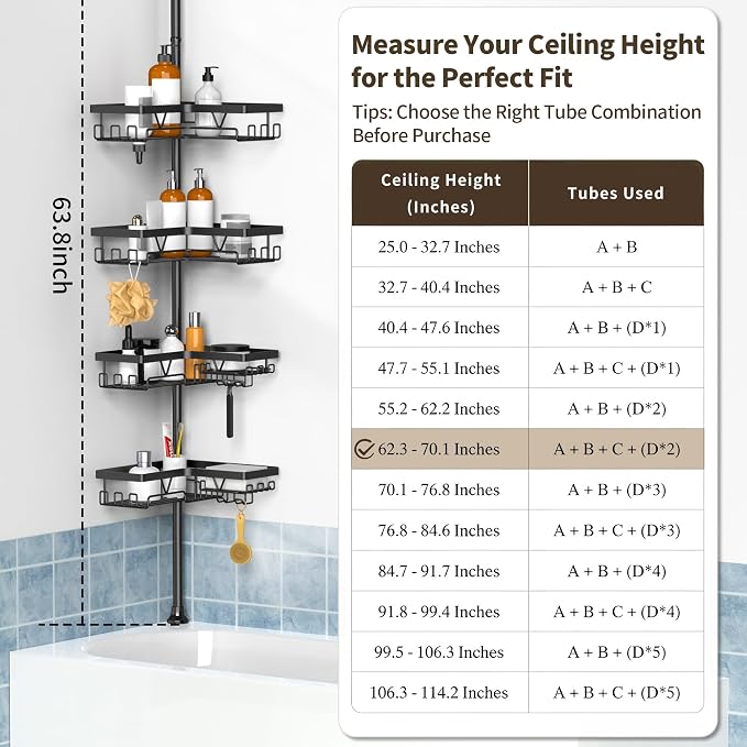 KEGII Corner Shower Caddy Tension Pole - Shower Tension Rod Organizer, Floor to Ceiling Shower Caddy 25-114.2 inch, Towel Rack Corner Waterproof, Black | 28 Hooks with Soap and Razor Holders, Heavy Duty 4-Tier Shelves for Family Bathtubs and Renters, A...